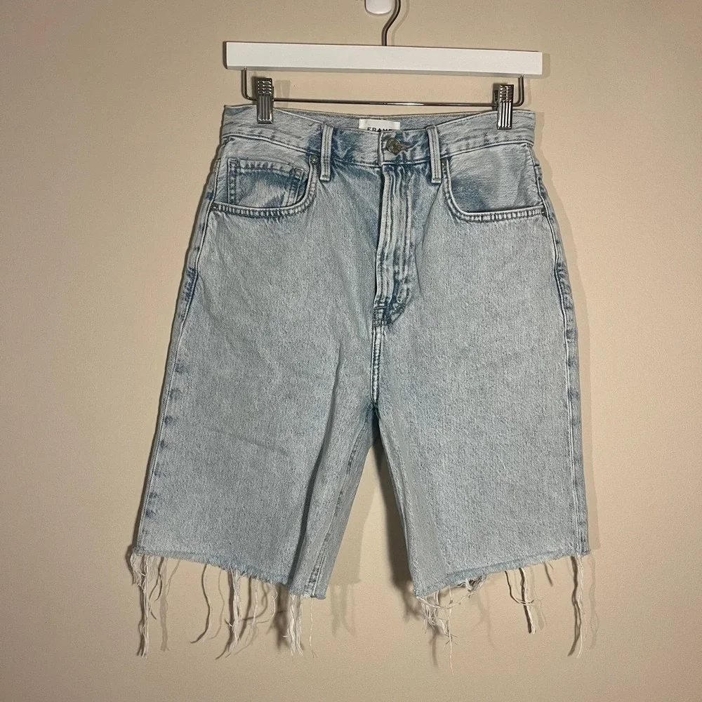 FRAME Denim Long Cutoff Shorts Light Wash Frayed Hem High Rise Size 27 Jorts